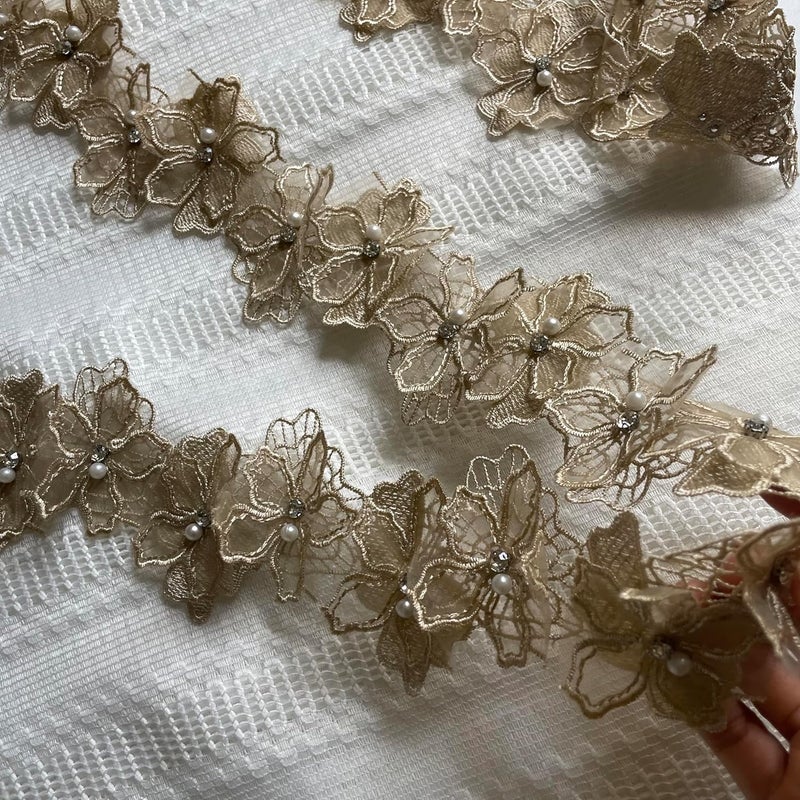 Buysk 2 Yards 3D Pearl Beads Flower Lace Trim Ribbon Floral Applique Embroidered Lace Fabric for Sewing DIY Crafts (Brown) - Image 5